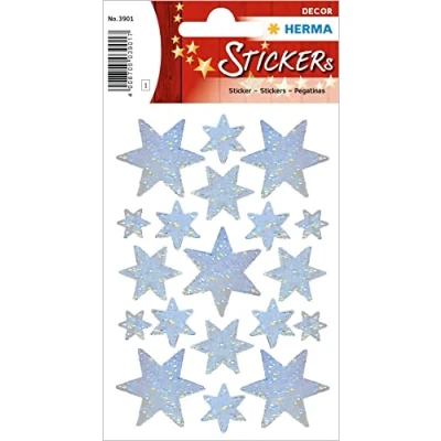 Abbildung von HERMA 3901 Aufkleber Sterne Glitzer Silber, 19 Stück, Stern Sticker aus Hologramm Folie, Weihnachtssticker Sternaufkleber für Weihnachten Geschenke Adventskalender Dekoration Kinder Belohnung Basteln