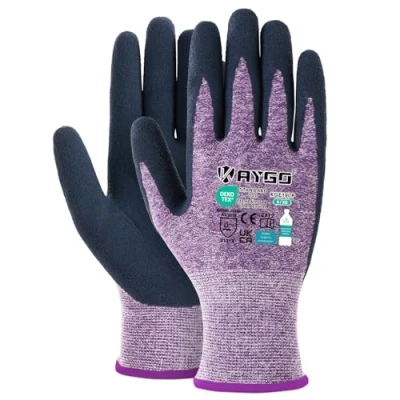 Abbildung von KAYGO 3 Paar Arbeitshandschuhe für Damen Atmungsaktiv Latex Beschichtete Frauen Gartenhandschuhe aus recyceltem Polyester, umweltfreundliche Schutzhandschuhe Haus Gartenarbeit (Lila, XS, Gr 6)