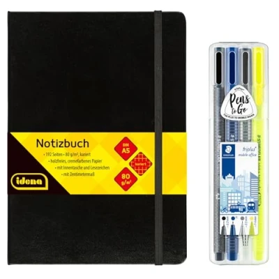 Abbildung von Idena 90327 Notizbuch DIN A5 mit 192 Seiten, kariert, inkl. STAEDTLER Triplus Mobile Office Set Fineliner, Kugelschreiber, Druckbleistift und Textmarker