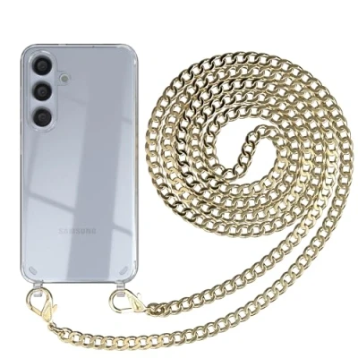Abbildung von EAZY CASE Handykette kompatibel mit Samsung Galaxy S24 Handyhülle Metall Umhängeband und Ersatz Kordel schwarz, Handykordel Schutzhülle, Kette Smartphone Hülle, Gold