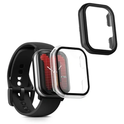 Abbildung von kwmobile 2X Cover kompatibel mit Amazfit Active (A2211) Hülle Fullbody Fitnesstracker Case Set aus Glas Transparent Schwarz