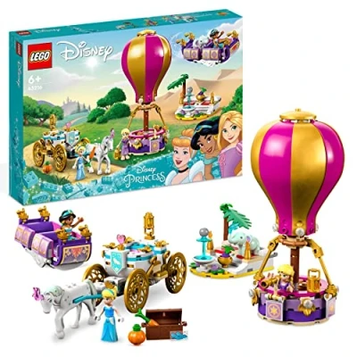 Abbildung von LEGO 43216 Disney Prinzessinnen auf magischer Reise Spielzeug mit Cinderella, Jasmine, Rapunzel Mini Puppen, Spielzeugpferd &amp; Kutsche, fliegendem Teppich, Heißluftballon für Mädchen und Jungen