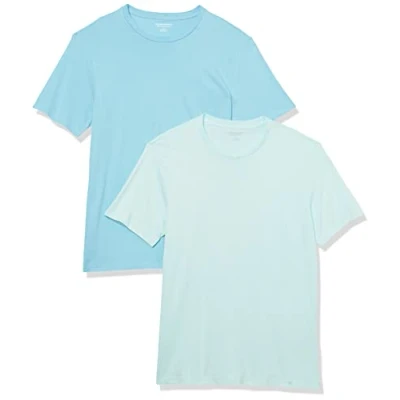 Abbildung von Amazon Essentials Herren T Shirt mit kurzen Ärmeln und Rundhalsausschnitt in schmaler Passform, 2er Pack, Aquablau/Hellblau, L