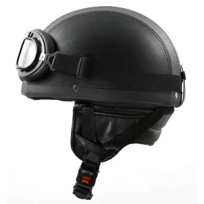 Abbildung von ATO Moto Retro Oldtimer Helm mit Kunstleder bezogen und Fliegerbrille Größe (S 55/56cm)