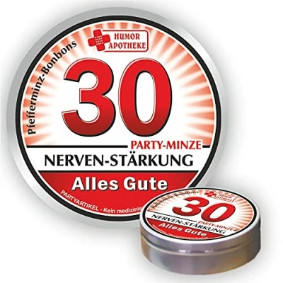 Abbildung von Pfefferminz Bonbon Metalldose Zum 30. Geburtstag, Nervenstärkung Alles Gute Soforthilfe Humorapotheke Spaßmedizin Humormedizin Pfefferminzdragees Dose Blechdose Pillendose