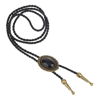 Abbildung von LIANCHI Western Bolo Krawatte für Damen und Herren, Indianer Leder, Schwarz, Ellipse Brone, 70 cm
