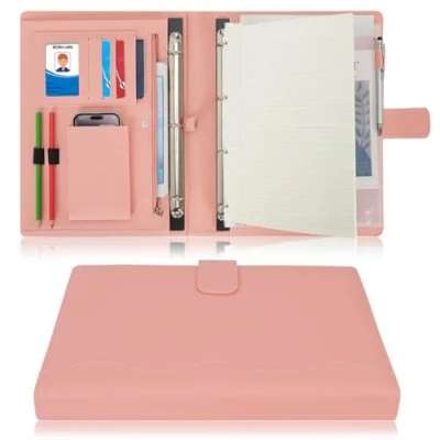 Abbildung von Wonderpool A4 PU Leder Ringhalter Schreibmappen Multi Dokumententasche mit Herausnehmbarem Binder Klemmbretter und funktioneller Tasche für Organizer Büro Reise Schule (Rosa)