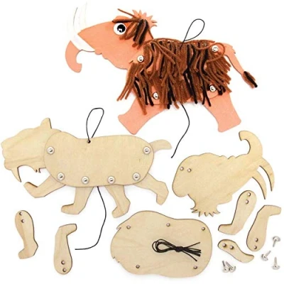 Abbildung von Baker Ross FE466 Mammoth &amp; Säbelzahn Tiger, Holzpuppen, 4 Stück, Bauen Sie Ihre eigenen Puppen, Puppen für Kinder, Holzmodellbausatz