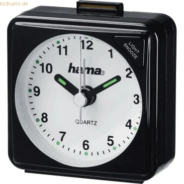 Abbildung von Hama analoger Wecker inkl. Batterie (batteriebetriebener Reisewecker mit schneller werdendem Alarm und Schlummerfunktion, Licht, fluoreszierender Stunden Minutenzeiger) schwarz