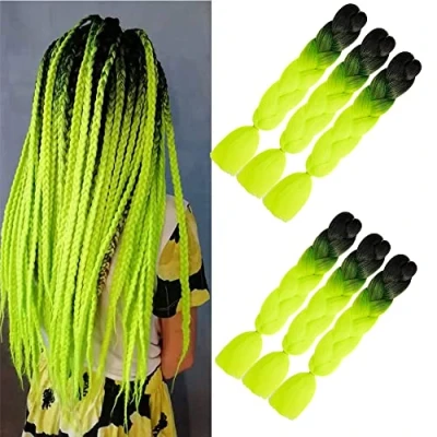 Abbildung von jumbo braids kunsthaar 6 Stücke Kanekalon Haar zum Flechten Extensions 24inch Ombre braiding hair Für Crochet Twist (Schwarz/Grün Gelb)