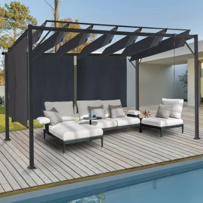 Abbildung von Pergola aus Stahl verstellbare Lamellen mit 4 grauen Markisen 3x3 m IDMarket