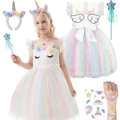 Abbildung von Corimori Einhorn ODER Regenbogen Farben Kostüm für Kinder, Größe: 128, Weiß