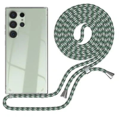 Abbildung von EAZY CASE Handykette kompatibel mit Samsung Galaxy S24 Ultra Kette zum Umhängen für Hülle Band aus Silikon stoßfeste transparente Handyhülle Hell Grün Camouflage Clips Silber