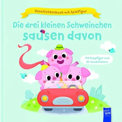 Abbildung von Geschichtenbuch mit Spielfigur Die drei kleinen Schweinchen sausen davon