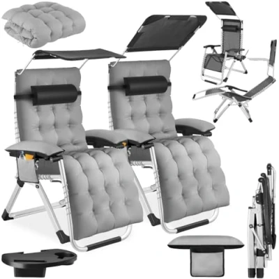 Abbildung von tectake® Sonnenliege klappbar, Liegestuhl, Gartenliege mit Sonnendach, Outdoor Sessel für Balkon oder Garten, Liege extra Dicker Auflage, Relaxliege belastbar bis 200kg hellgrau, 2er Set