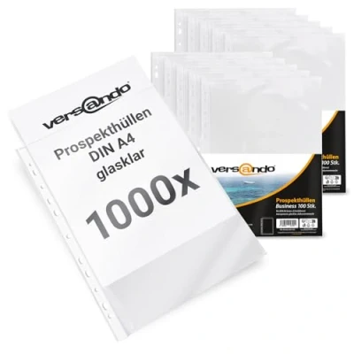 Abbildung von versando 1.000x A4 Prospekthüllen Business mit Heftrand Klarsichthüllen glasklar transparent 60my (10x 100 Stück)
