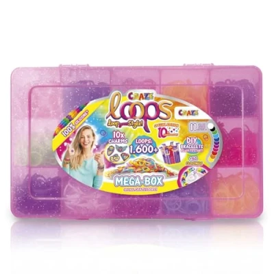 Abbildung von CRAZE loops Mega Box Loom Bänder Set mit 1600 Gummibänder zum Basteln &amp; viel Zubehör Halsketten, Ringe und Armbänder selber machen, Farbenmix