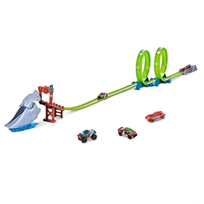 Abbildung von Metal Machines Shark Attack Building Trackset mit Mini Rennwagen, Diecast Spielset