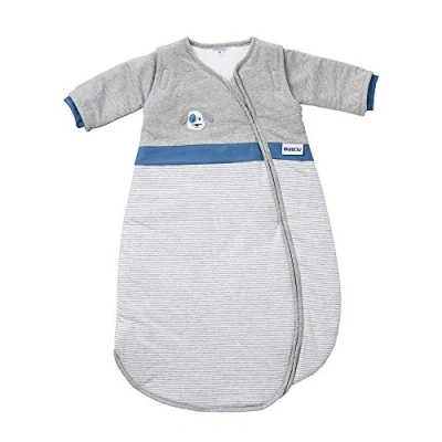 Abbildung von Gesslein 772106 Bubou Babyschlafsack mit abnehmbaren Ärmeln: Temperaturregulierender Ganzjahreschlafsack für Baby/Kinder Größe 90 cm, gestreift grau meliert Hund,