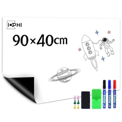 Abbildung von Whiteboard Magnetisch Folie 90 x 40 cm, Magnetfolie Selbstklebend Stark Abwischbare Magnet Tafel Weiß, Inklusive Marker &amp; SchwammMagnetes, Gelten Büro und Zuhause kühlschrank usw