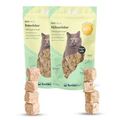 Abbildung von RumbleBox Gefriergetrocknete Katzensnacks Sparbox Lebergenuss mit 100 % Hühner &amp; Entenleber natürliche Katzenleckerlis ohne Getreide und Zucker gesunde Cat Treats 2x50 g