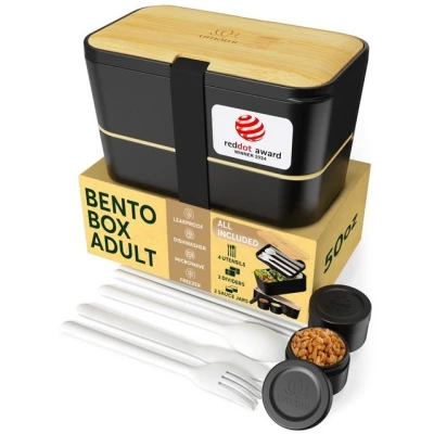Abbildung von Umami Lunchbox Erwachsene Alles in Einem, Brotdose mit Fächern und 4 Bestecke für Männer/Frauen, 2 Soßentöpfe, Auslaufsicher Bento Box, Spülmaschine, Mikrowelle Brotbox