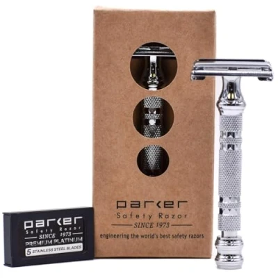 Abbildung von Parker Safety Razor 66R Schmetterling öffnen Doppelkante Rasierapparat Superschwergewicht 5 Premium Blades enthalten.