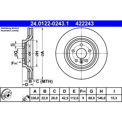 Abbildung von ATE 24.0122 0243.1 Bremsscheibe 330,0 22,0 5 112,0 Belüftet beschichtet hochgekohlt AUDI: A6 C6 Allroad, Avant, Limousine
