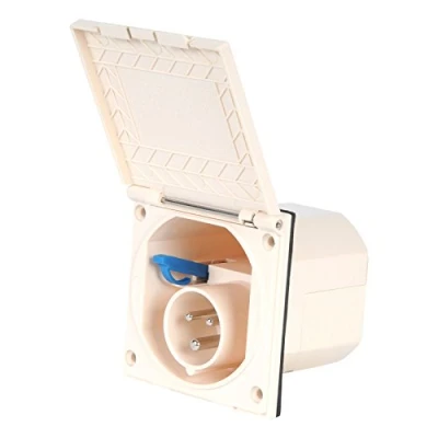 Abbildung von wamovo CEE Aussensteckdose beige Spritzwasser geschützt IP 44 200 240V, 16A, 3 polig für Wohnwagen, Wohnmobil oder Boot