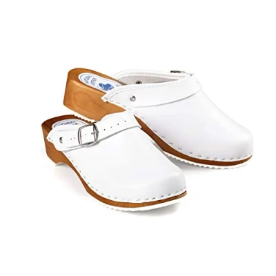 Abbildung von Aves 24 CLOGS Pantolette Sandalette Leder Holzschuhe Holzclogs Damen Klotschen Clog Weiß 41