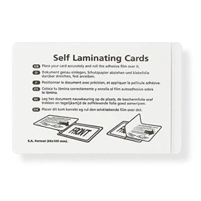 Abbildung von Kaltlaminiertaschen selbstklebend, Laminierfolien aus PET zum Versiegeln und Schützen von Fotos, Speisekarten etc. ohne Laminiergerät, 50er Set, je 66 mm x 100 mm, transparent