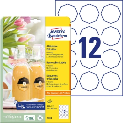 Abbildung von AVERY Zweckform Flaschenetiketten Art. 5083 (120 Aufkleber ablösbar, 61x60,3mm auf A4, achteckig, für Einmachgläser, Gewürzgläser, Likörflaschen, Selbstgemachtes aus der Küche) 10 Blatt weiß