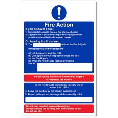 Abbildung von vsafety 12008 an s Fire Action Sign, wenn Sie entdecken eine Fire/auf Gehör Alarm, selbstklebend, Hochformat, 150 mm x 200 mm, blau/rot
