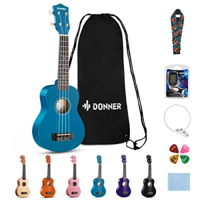 Abbildung von Donner Ukulele für Anfänger Sopran Kit 21 Zoll Blau mit Nylon Saiten Hawaii Gitarre