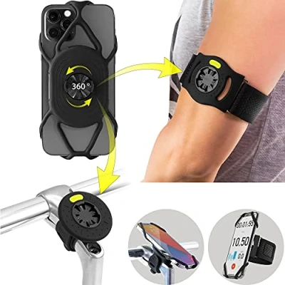Abbildung von BONE 360 Drehbarer 2 IN 1 Abnembare Handyhalterung zum Joggen Radfahren, Universales Sportarmband Fahrradhalterung für Smartphone 4,7 7,2 Zoll, Fahrradcomputer Garmin Run + Bike Tie Connect Kit
