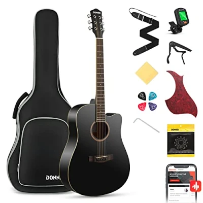 Abbildung von Donner Akustikgitarre Set in voller Größe Akustik Gitarre 4/4 Cutaway Anfänger Erwachsene 41 Zoll mit Gigbag Capo Plektren Gurt Saiten (Schwarz）