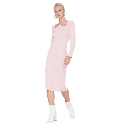 Abbildung von Trendyol Damen Woman Midi Bodycon Stehkragen im Choker Stil Webstoff Kleid, Rosa, XS