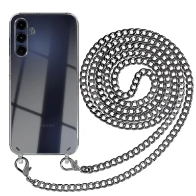 Abbildung von EAZY CASE Handykette kompatibel mit Samsung Galaxy A15 Kette zum Umhängen für Hülle Band aus Silikon stoßfeste transparente Handyhülle als Fallschutz in Metall Anthrazit