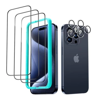 Abbildung von ESR für iPhone 15 Pro Panzerglas, 3 Displayschutzfolien aus gehärtetem Glas und 2 Set einzelner Kamera Schutzfolien, 2,5D gebogene Kanten, vollständiger Militärnorm Schutz, kratzfest