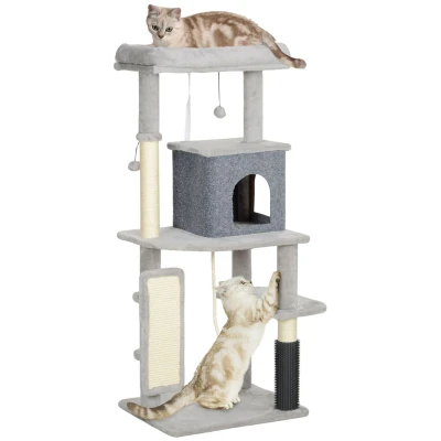 Abbildung von PawHut Kratzbaum 132 cm, mit Katzenhöhle, Spielball, für Katzen bis 6 kg, Hellgrau