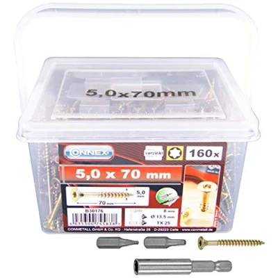 Abbildung von Connex Universalschrauben 5,0 x 70 mm 160 Stück im Set Senkkopf TX Antrieb Teilgewinde Gelb verzinkt Inkl. Magnethalter &amp; 2 Bits / Schrauben Eimer B30176