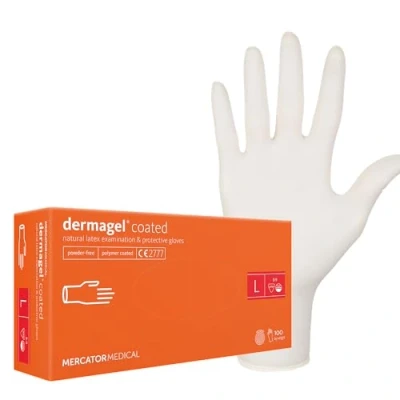 Abbildung von MERCATOR MEDICAL DERMAGEL COATED Latexhandschuhe, Größe L 100 Stück, Einweghandschuhe, puderfrei, Schutzhandschuhe, transparent, puderfrei