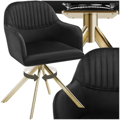 Abbildung von tectake® Esszimmerstuhl drehbar, Armlehnstuhl ergonomischer Stuhl Samt, Stühle für Esszimmer, Möbel Wohnzimmer, Arbeitszimmer, Esstisch, Schminktisch schwarz/Gold