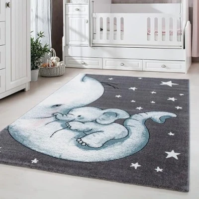 Abbildung von Carpetsale24 Kinderteppich niedliches Elefant Muster Grau und Blau 200 x 290 cm Kurzflor Teppich Kinderzimmer für Junge Mädchen Weich Pflegeleicht Waschbar Spielteppich Babyzimmer Babyteppich