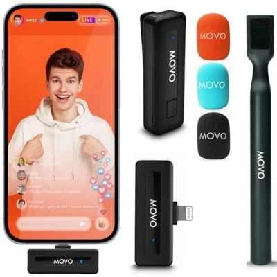 Abbildung von Movo Wireless Mini Ultra Compact Lavalier Microphone for iPhone with WMX HM Handheld Adapter Lapel Mic Handle Mount Content Creators, Interviews, Reporting and More (Lightning)