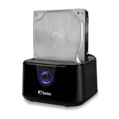 Abbildung von FANTEC USB3.2 Gen1 Dockingstation für 1x SATA 3,5/2,5 Zoll SSD/Festplatte, Transferraten bis 5Gbit/s (SUPERSPEED), Hochglanz Kunststoff, schwarz