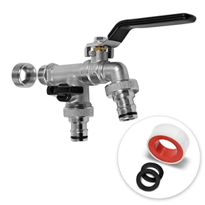 Abbildung von YourCasa Wasserhahn Garten 1/2 Zoll &amp; 3/4 aus Messing inkl. 2 Schlauchanschlss Dichtband Kugelhahn Aussen Frostsicher Auslaufhahn Regentonne Außenwasserhahn Auslaufventil (Doppel Schwarz)