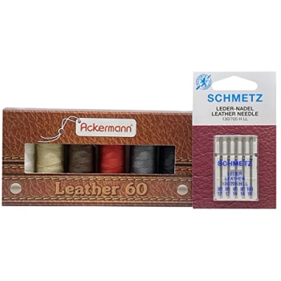 Abbildung von ZickZackNaehmaschine Ackermann Leather Nähgarnset Farben Mix Stärke 60, 6X 120m + Schmetz Leder Nadel Sortiment