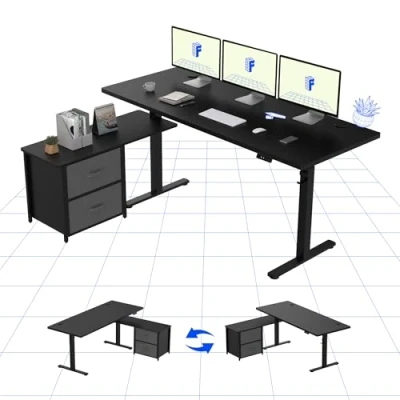 Abbildung von FLEXISPOT Höhenverstellbarer Schreibtisch elektrisch höhenverstellbar, L förmig mit Schubladen&amp;Stauraum umkehrbar, ergonomischer Steh Sitz Tisch 160 x 70 cm schwarz