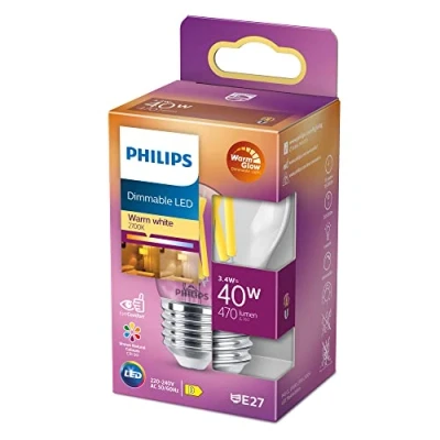 Abbildung von Philips LED Classic E27 WarmGlow Lampe, 40 W, Tropfenform, dimmbar, klar, warmweiß